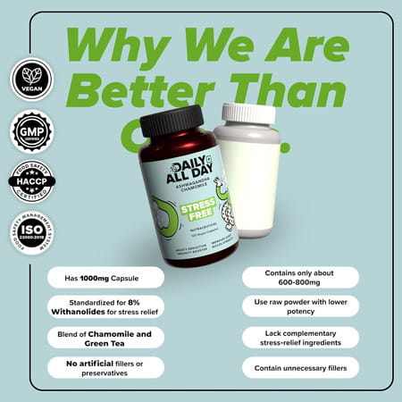 Daily All Day Stress Free | Ashwagandha Root | Chamomile For Sleep | Green Tea | 120 Capsules
