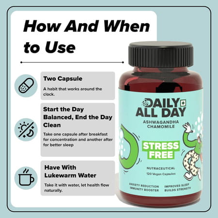 Daily All Day Stress Free | Ashwagandha Root | Chamomile For Sleep | Green Tea | 120 Capsules