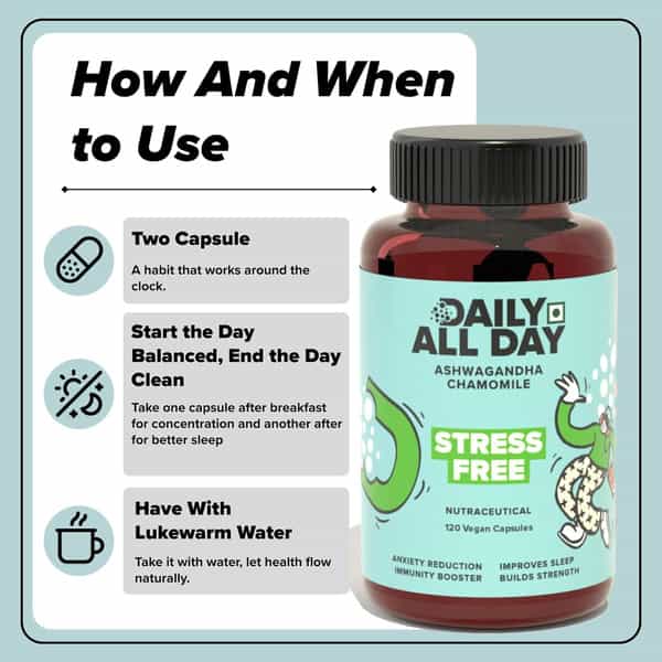 Daily All Day Stress Free | Ashwagandha Root | Chamomile For Sleep | Green Tea | 120 Capsules