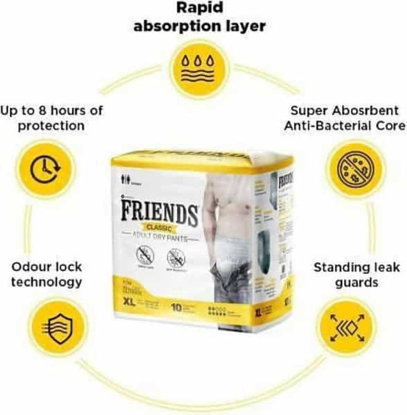 Friends Classic Adult Diapers Pants Style - 10 Count (Xl) Waist 30-56 Inch