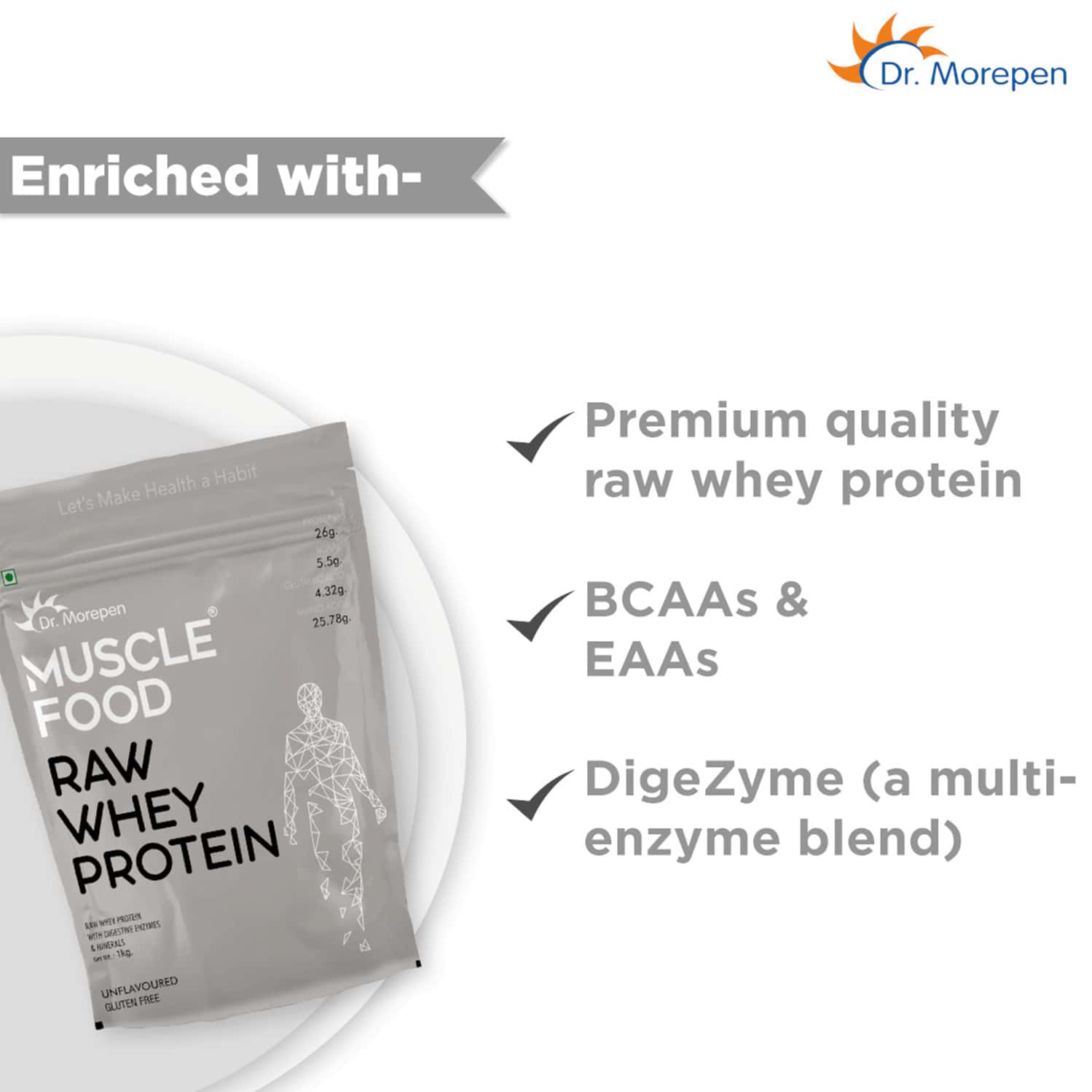 Buy DR. MOREPEN MUSCLE FOOD RAW WHEY PROTEIN WITH DIGESTIVE ENZYMES