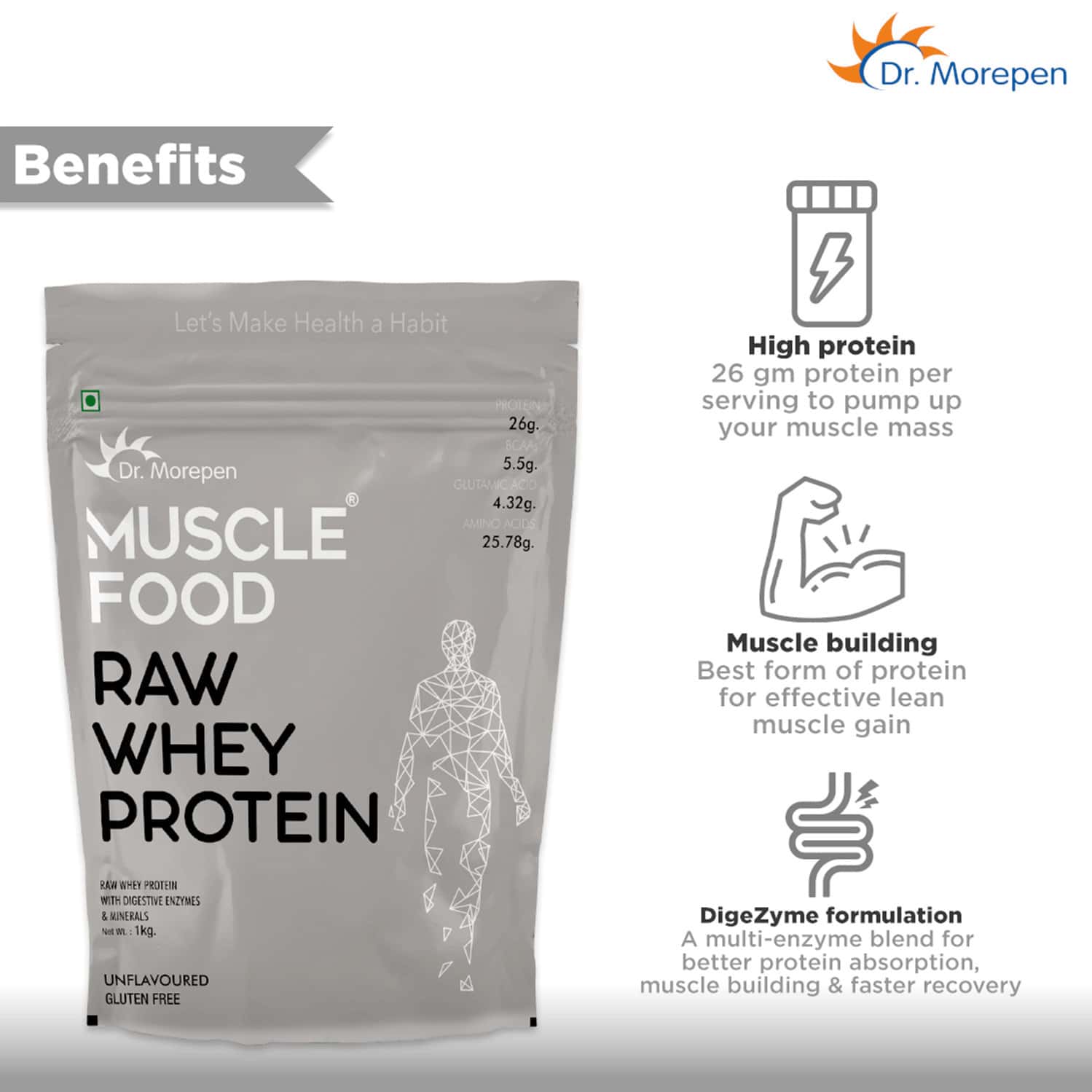 Buy DR. MOREPEN MUSCLE FOOD RAW WHEY PROTEIN WITH DIGESTIVE ENZYMES