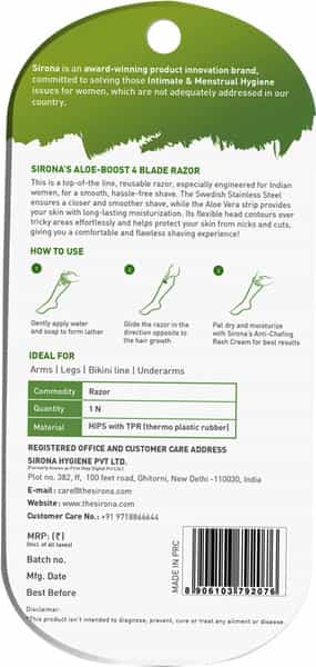 Sirona Reusable Hair Removal Razor For Women With Aloe Boost Shaving Razor - Pack Of 1