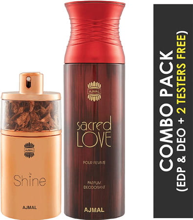 Ajmal Shine Eau De Parfum Powdery 75ml Perfume For Women And Sacred Love Deodorant 200ml For Women