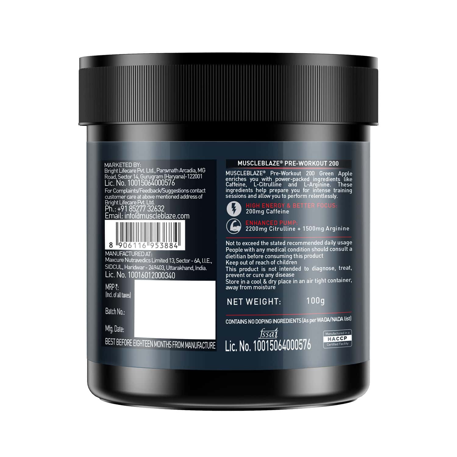 Buy MUSCLEBLAZE PRE WORKOUT 200, 200MG CAFFEINE, 2200MG CITRULLINE