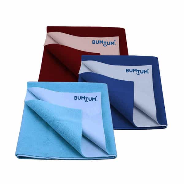 Bumtum Dry Sheet Leakproof Baby Bed Protector (Maroon+Blue+Aquablue Small Size 50*70Cm|Pack Of 3)