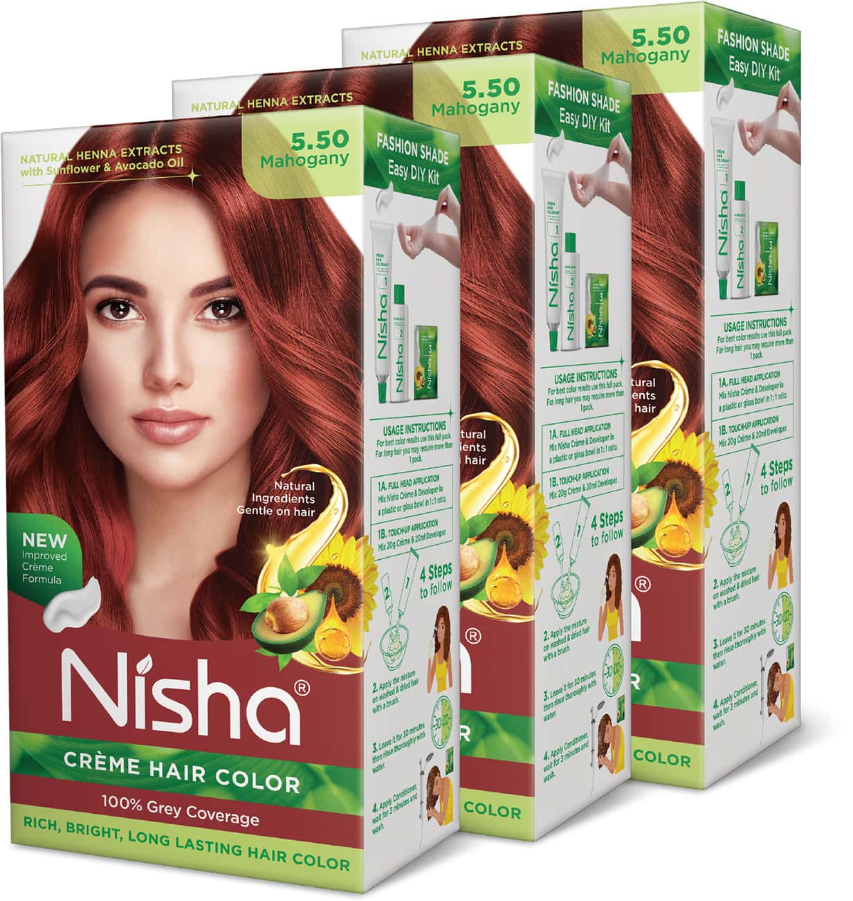 Nisha Creme Hair Color 5.50 Mahogany 120g Pack Of 3 | Ammonia Free Hair Colour | 100% Grey Coverage