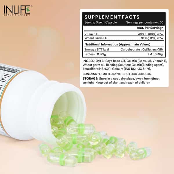 Inlife Vitamin E Oil With Wheat Germ Oil Essential Supplement 400 Iu - 60 Liquid Filled Capsules