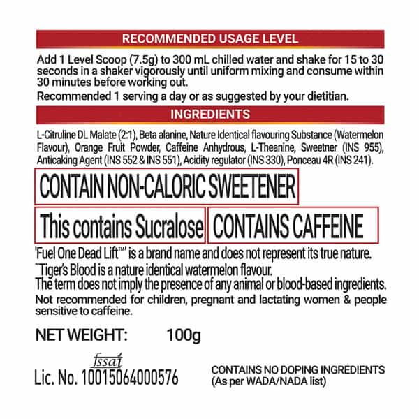 Fuel One Dead-Lift Pre Workout | Tiger's Blood (Watermelon | 100G | 13 Servings)