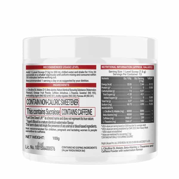 Fuel One Dead-Lift Pre Workout | Tiger's Blood (Watermelon | 100G | 13 Servings)