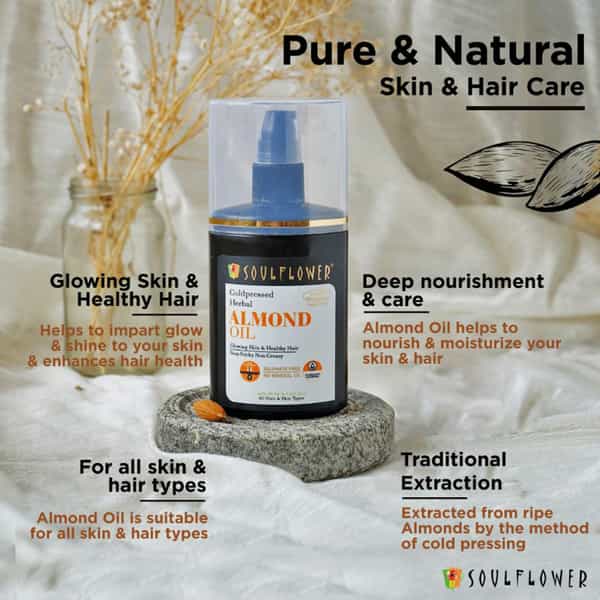 Soulflower Almond Oil For Glowing Skin & Healthy Hair 100% Pure Natural Coldpressed Herbal 120Ml