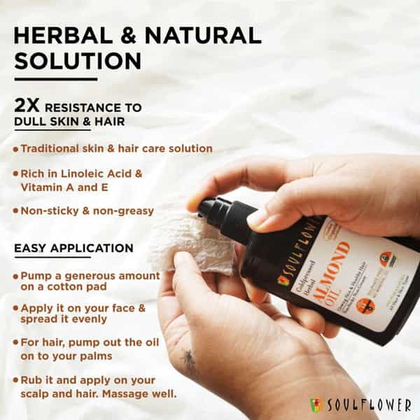 Soulflower Almond Oil For Glowing Skin & Healthy Hair 100% Pure Natural Coldpressed Herbal 120Ml