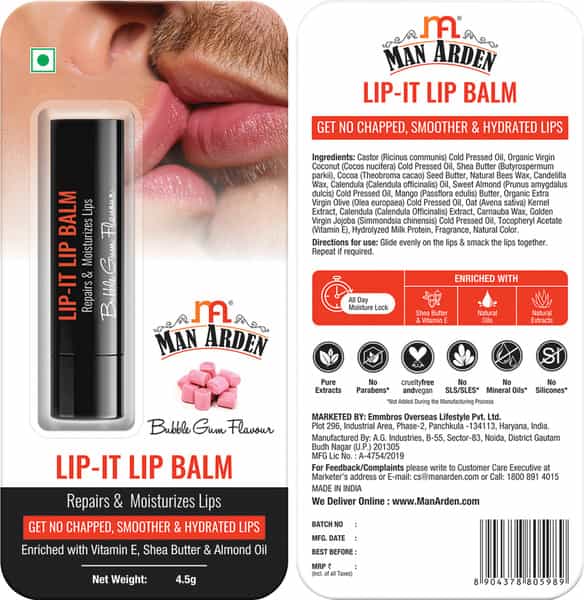 Man Arden Lip-It Lip Balm For Men Repairs & Moisturizes Lips Bubble Gum Flavour 4.5G