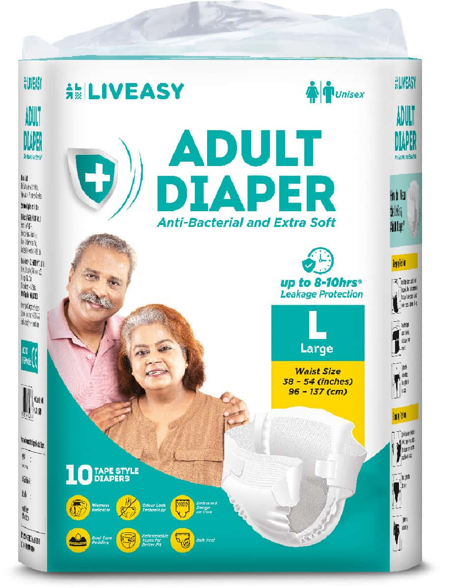 Liveasy Adult Diaper Tape Style (l)-10 | Anti Bacterial And Odour Lock Technology-waist 38-54 Inch
