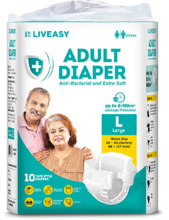 Liveasy Adult Diaper Tape Style (L)-10 | Anti Bacterial And Odour Lock Technology-Waist 38-54 Inch