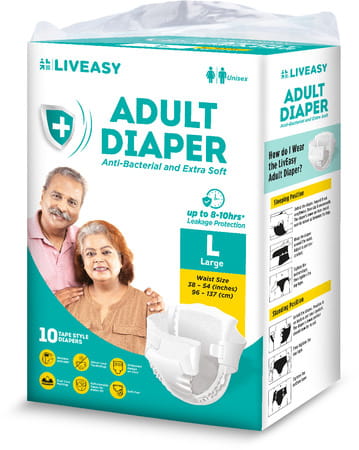 Liveasy Adult Diaper Tape Style (L)-10 | Anti Bacterial And Odour Lock Technology-Waist 38-54 Inch