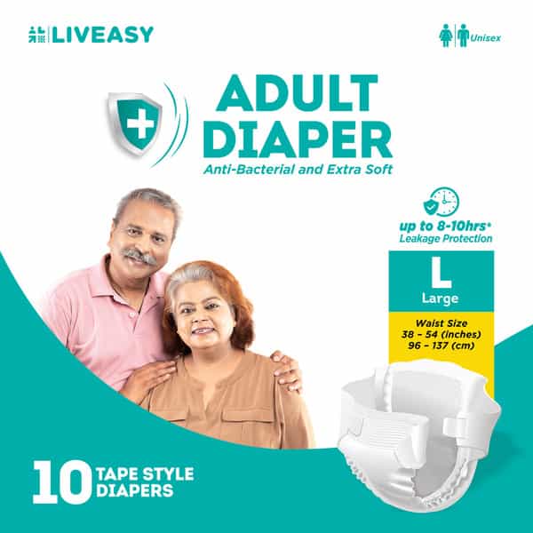 Liveasy Adult Diaper Tape Style (L)-10 | Anti Bacterial And Odour Lock Technology-Waist 38-54 Inch