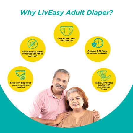Liveasy Adult Diaper Tape Style (L)-10 | Anti Bacterial And Odour Lock Technology-Waist 38-54 Inch