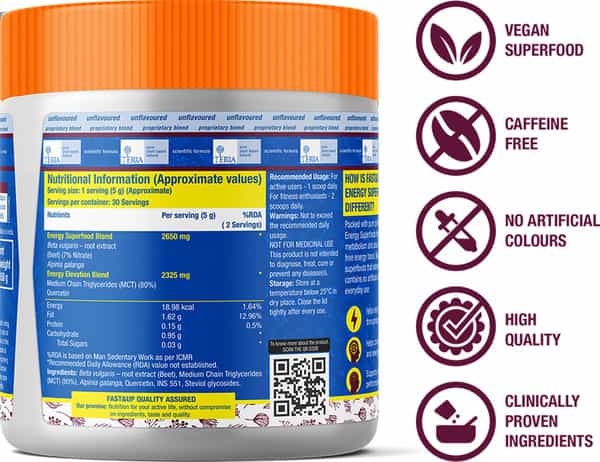 Fast&Up Energy Superfoods-Plant Based Pre-Workout & Energy Supplement-Beetroot Powder & Coconut Mct