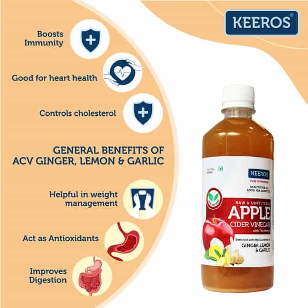 Keeros Apple Cider Vinegar For Diabetics & Weight Watchers | Ginger Lemon & Garlic-500Ml