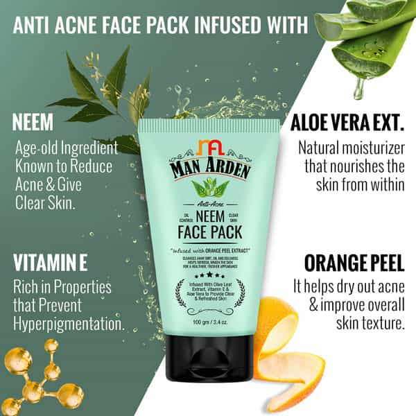 Man Arden Anti-Acne Neem Face Pack - For Oil Control And Clear Skin 100 G