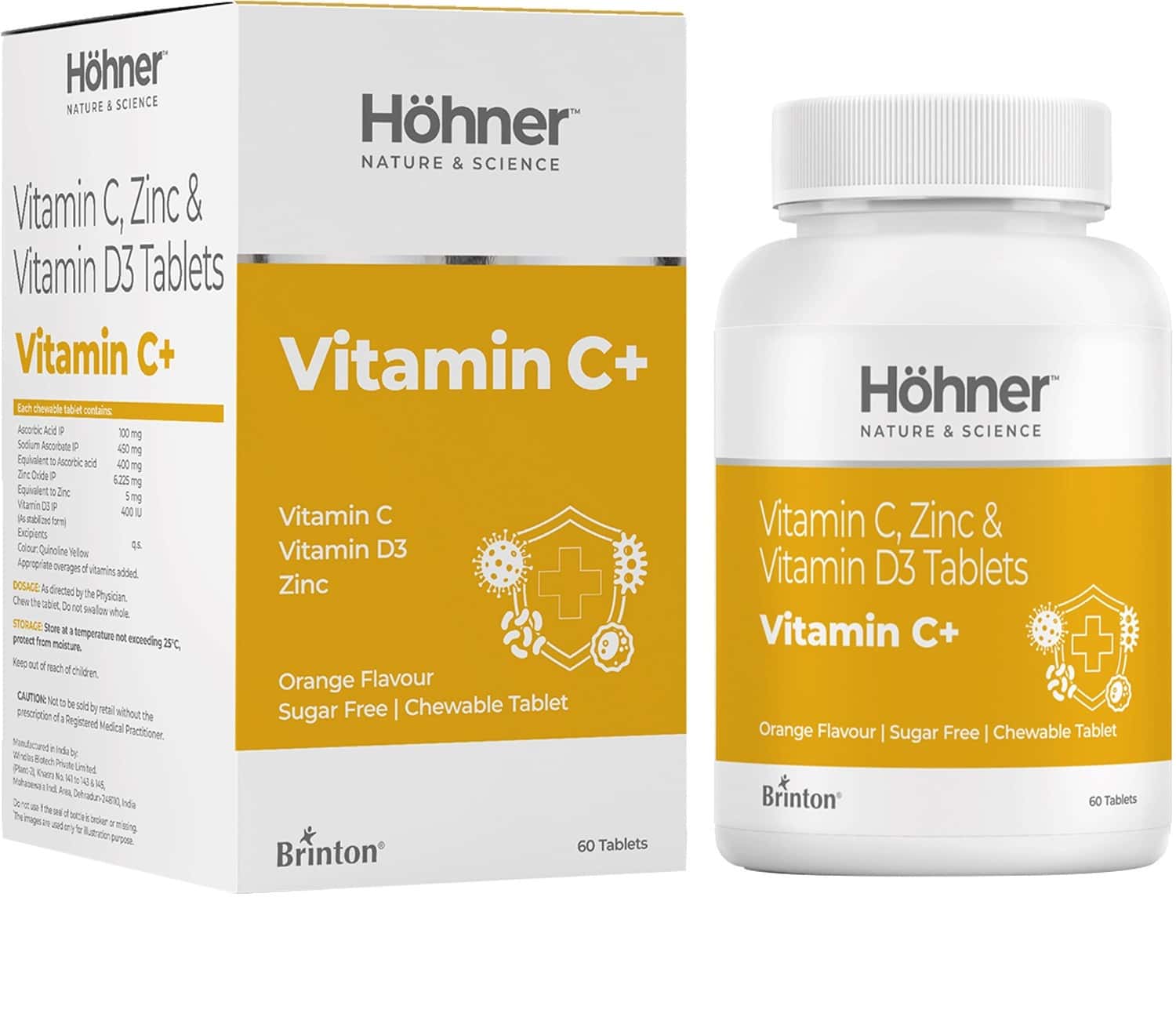 Hohner Vitamin C+ Chewable Tablets For Kids Men & Women With Vitamin C D3 And Zinc - 60 Tablets
