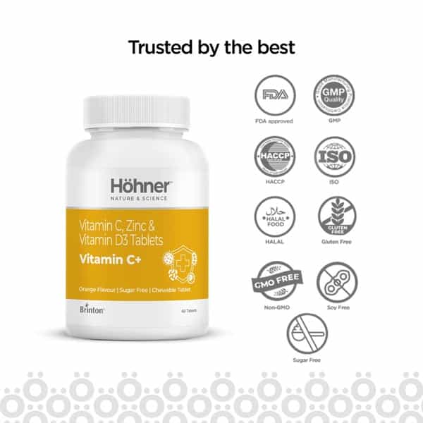 Hohner Vitamin C+ Chewable Tablets For Kids Men & Women With Vitamin C D3 And Zinc - 60 Tablets