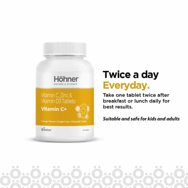 Hohner Vitamin C+ Chewable Tablets For Kids Men & Women With Vitamin C D3 And Zinc - 60 Tablets
