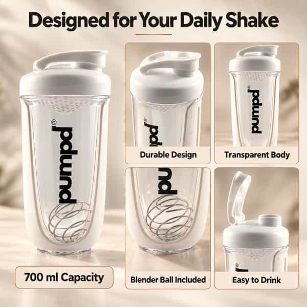 Pumpd Shaker Bottle With Blender Ball | 700Ml | White