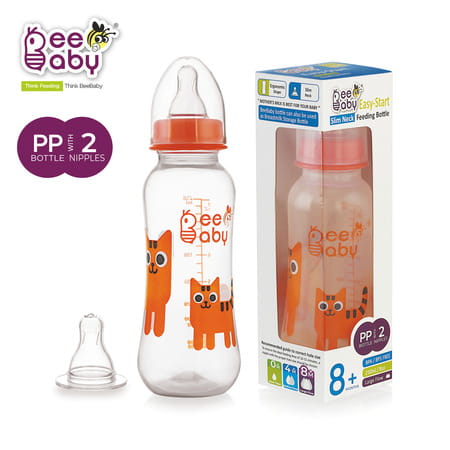 Beebaby Easy Start Slim Neck With 2 Silicone Nipple Orange Colour 8+ Month Feeding Bottle 250ml