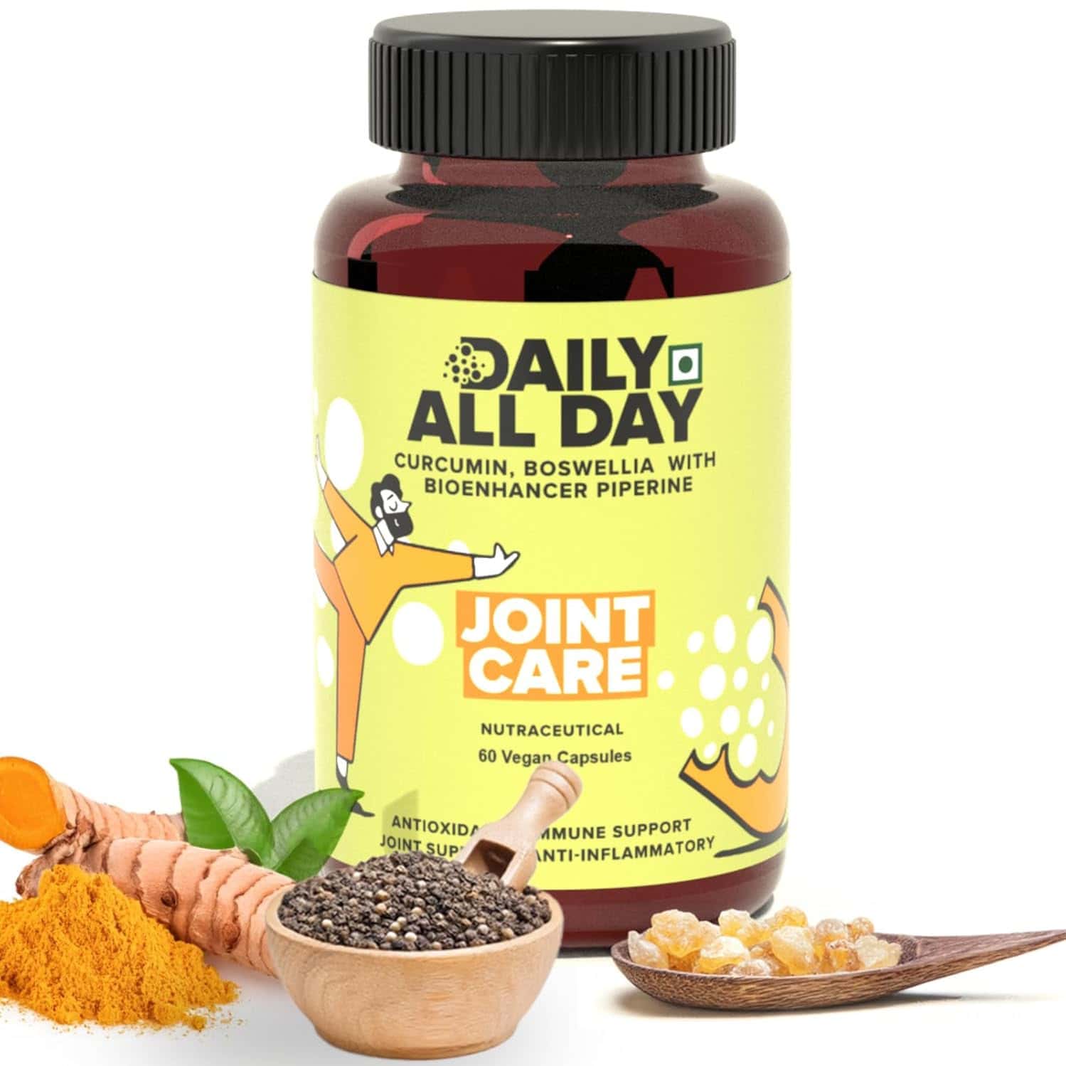 Daily All Day Joint Support Best Supplement | Curcumin With Piperine Turmeric | 60 Capsules