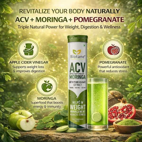 Biotane Acv (Apple Cider Vinegar) Moringa & Pomegranate Extract | Green Apple | 15 Effervescent Tabs