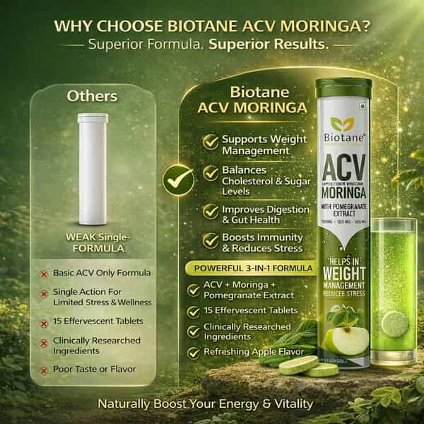 Biotane Acv (Apple Cider Vinegar) Moringa & Pomegranate Extract | Green Apple | 15 Effervescent Tabs