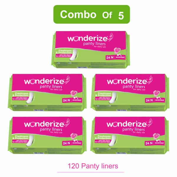 Wonderize Ultra Thin Cotton Panty Liners - 120 Liners (Combo Of 5) Size - 155Mm For Daily Use