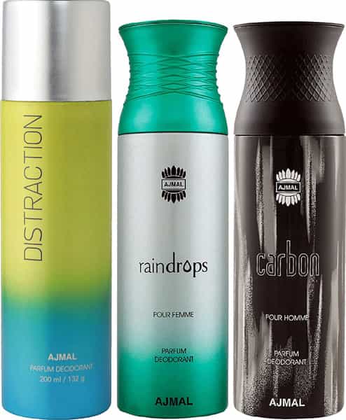 Ajmal 1 Distraction For Unisex 1 Raindrops For Women & 1 Carbon For Men Deo Combo Pack 3 - 600Ml