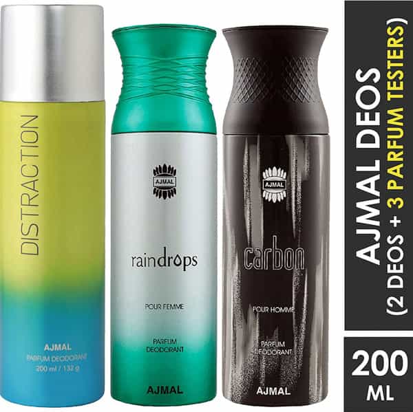 Ajmal 1 Distraction For Unisex 1 Raindrops For Women & 1 Carbon For Men Deo Combo Pack 3 - 600Ml