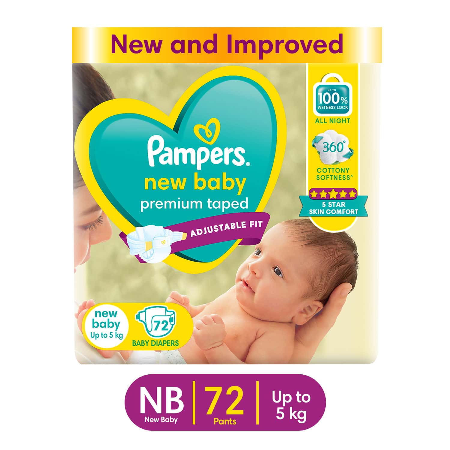 Pampers New Baby Premium Taped Upto 5kg Diapers 72 No's