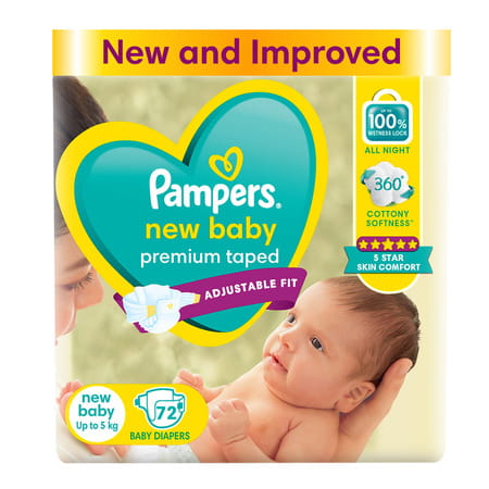 Pampers New Baby Premium Taped Upto 5kg Diapers 72 No'S