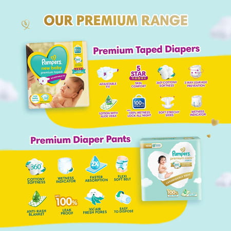 Pampers New Baby Premium Taped Upto 5kg Diapers 72 No'S