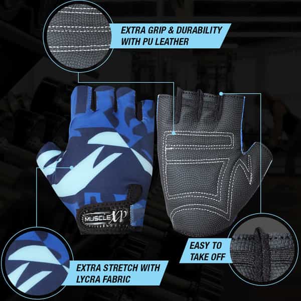 Musclexp Stout Blue Unisex Fitness Sports Gym Gloves Absorbing (Blue & Black) 1 Pair