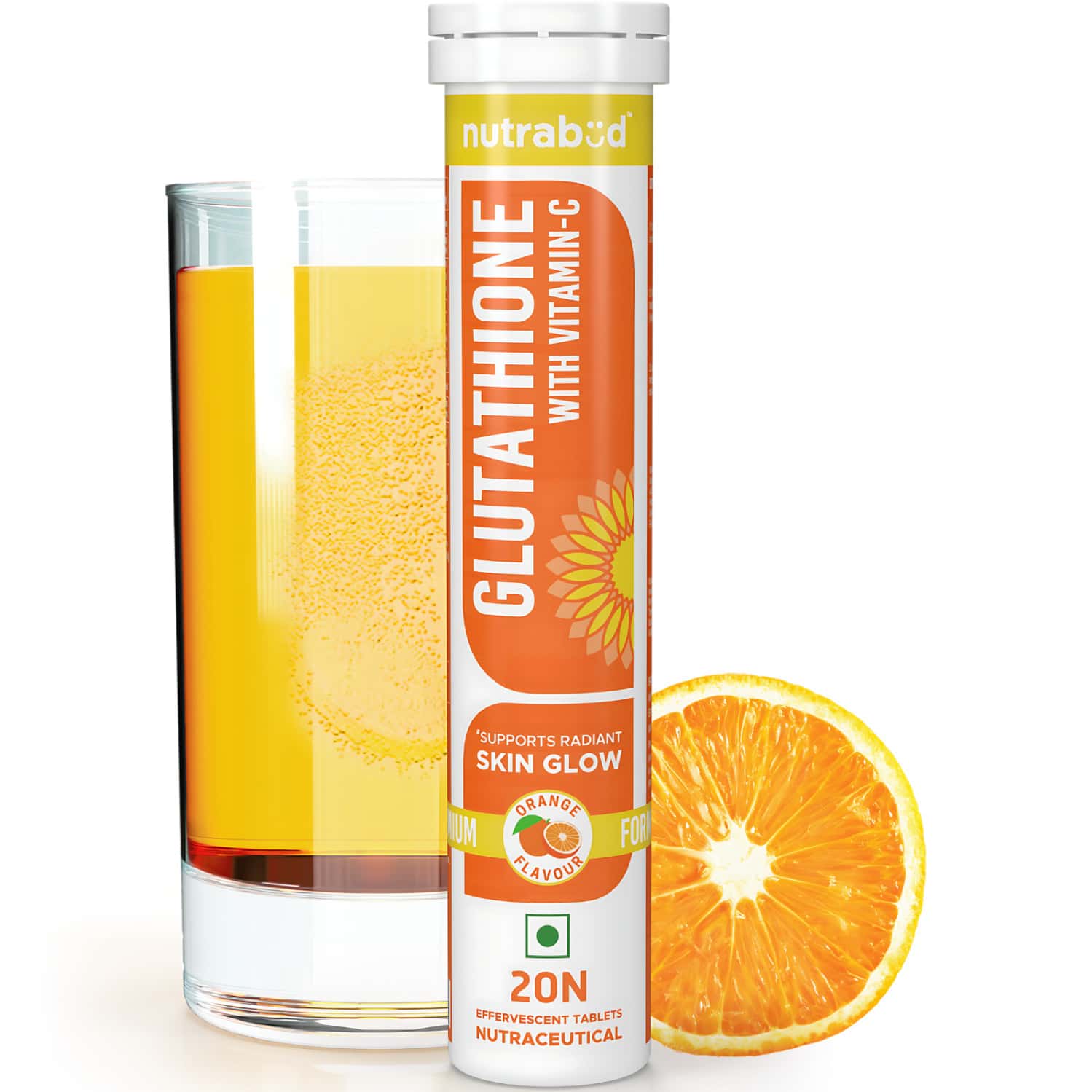 Nutrabud Glutathione 500mg + Vitamin C | Skin Glow Support | Orange Flavor | 20 Effervescent Tablets
