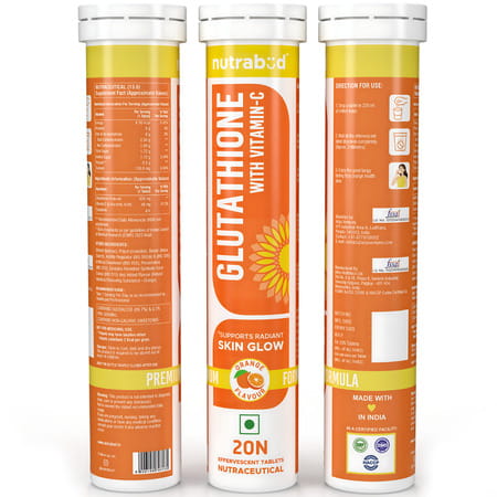 Nutrabud Glutathione 500mg + Vitamin C | Skin Glow Support | Orange Flavor | 20 Effervescent Tablets