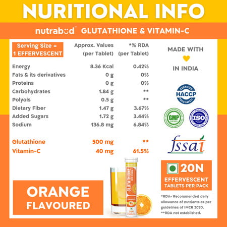 Nutrabud Glutathione 500mg + Vitamin C | Skin Glow Support | Orange Flavor | 20 Effervescent Tablets