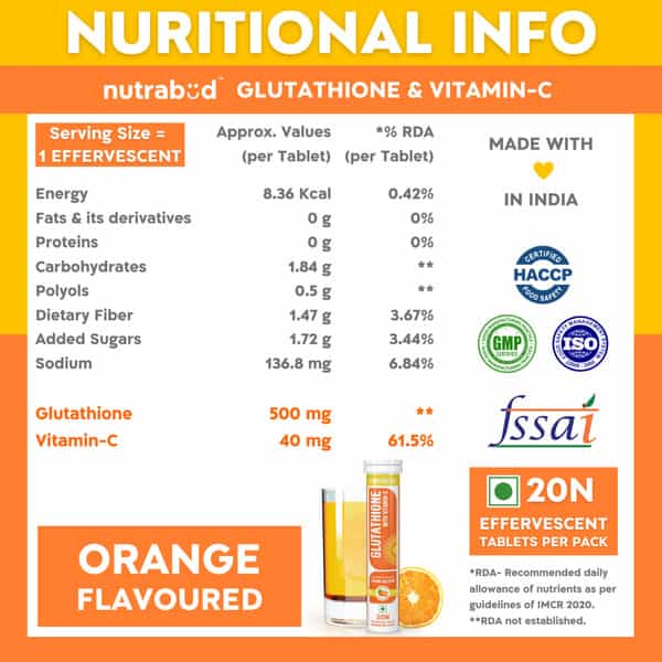 Nutrabud Glutathione 500Mg + Vitamin C | Skin Glow Support | Orange Flavor | 20 Effervescent Tablets