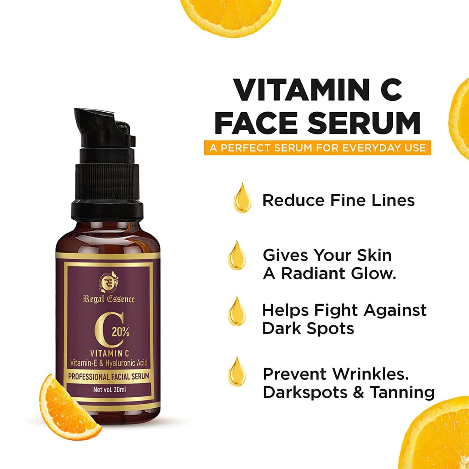 Buy REGAL ESSENCE VITAMIN C 20 FACIAL SERUM WITH VITAMIN E & HYALURONIC ACID 30 ML Online & Get