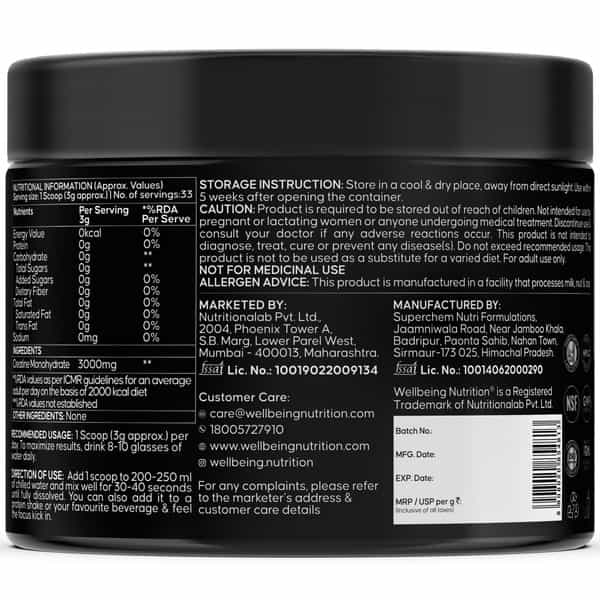 Wellbeing Nutrition 100% Pure Micronised Creatine Powder Monohydrate Unflavoured |100G | 33 Servings