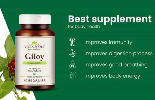 Vedikroots Giloy 60 Capsules 450 Mg 100% Organic | Tinospora Cordifolia | For Digestion(Pack Of 2)