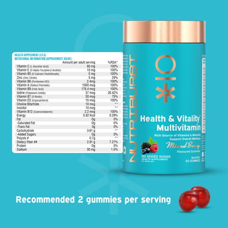 Nutriburst Health & Vitality Gummies With Multivitamins & Biotin (60 Gummies)(Mixed Berry Flavor)