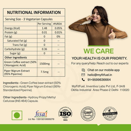 Myfitfuel Green Coffee Extract 50% Cga With Piperine 95%(1500Mg) | 180 Capsules
