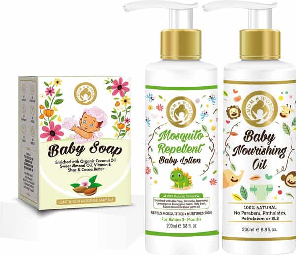 Mom & World Gentle Baby Care- Baby Soap + Mosquito Repellent Baby Lotion + Baby Nourishing Oil
